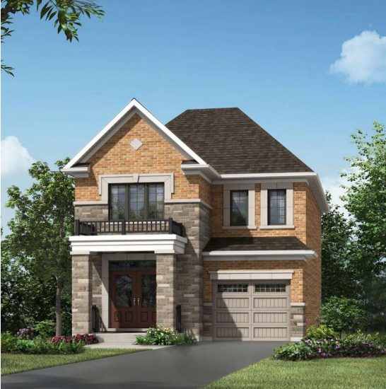 A two-story house with brick and stone exterior. It has a double front door, a balcony above, and a single-car garage. Surrounded by trees and shrubs under a clear blue sky, this home offers the charm often found in new homes in desirable neighborhoods.