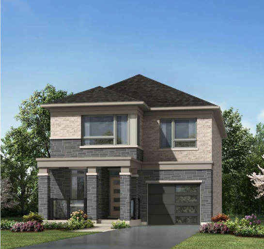 A modern two-story house with a mix of light and dark brick exterior, large windows, a covered front porch, a single garage, and a driveway. The front yard has a manicured lawn, shrubs, and vibrant flowers. Among the new homes in GTA's lush settings, it features greenery against a bright blue sky.