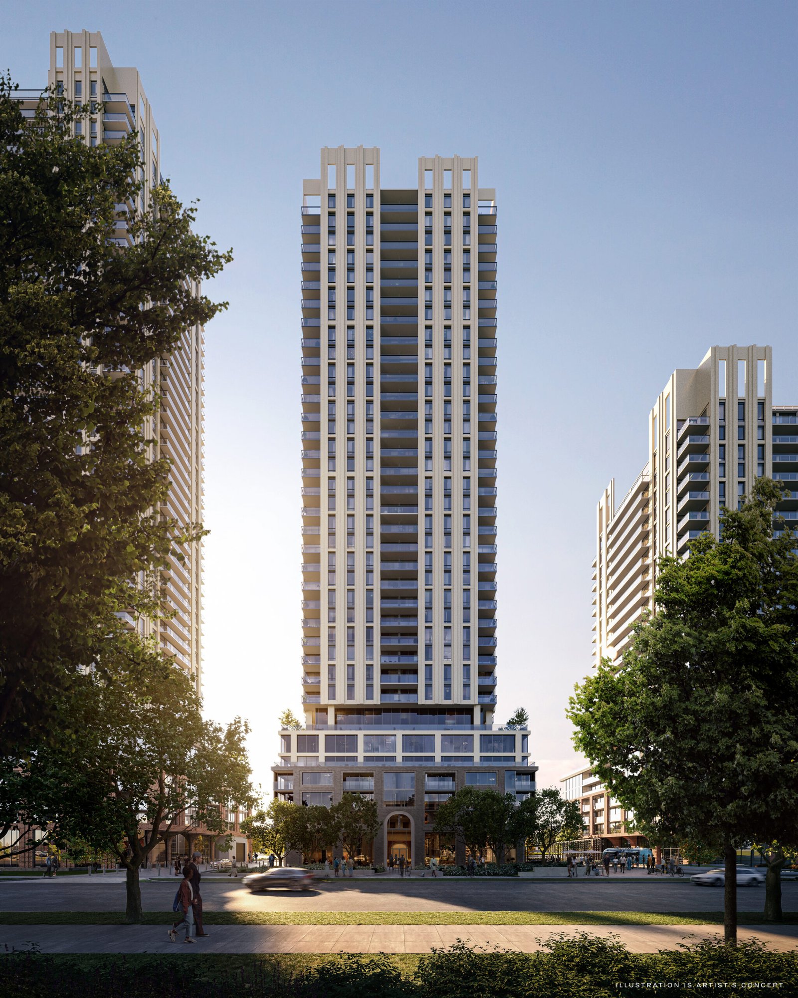 A modern high-rise residential building stands prominently in an urban setting, featuring new condos, bathed in sunlight with a glimpse of lush greenery. A modern high-rise residential building stands prominently in an urban setting, featuring new condos, bathed in sunlight with a glimpse of lush greenery.