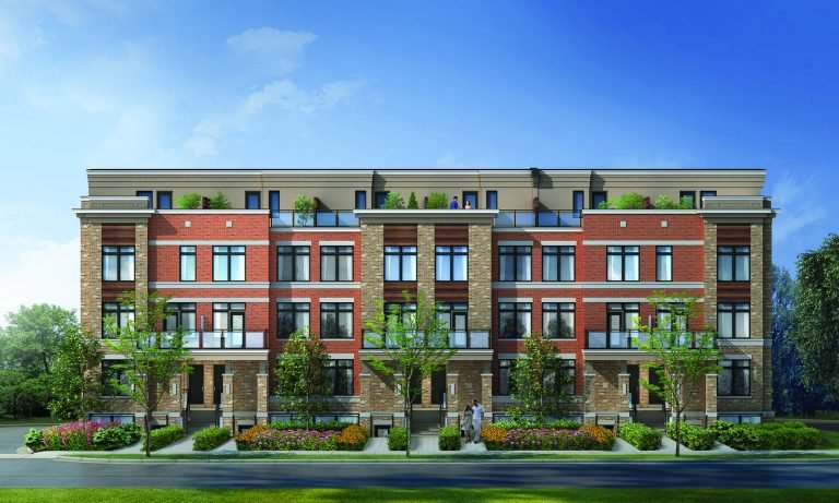 A modern, multi-story residential building named High Point, with a red and beige brick facade. The Urban Towns complex features numerous large windows and balconies adorned with green plants. In front, there is a manicured garden with colorful flowers and a tree-lined sidewalk.