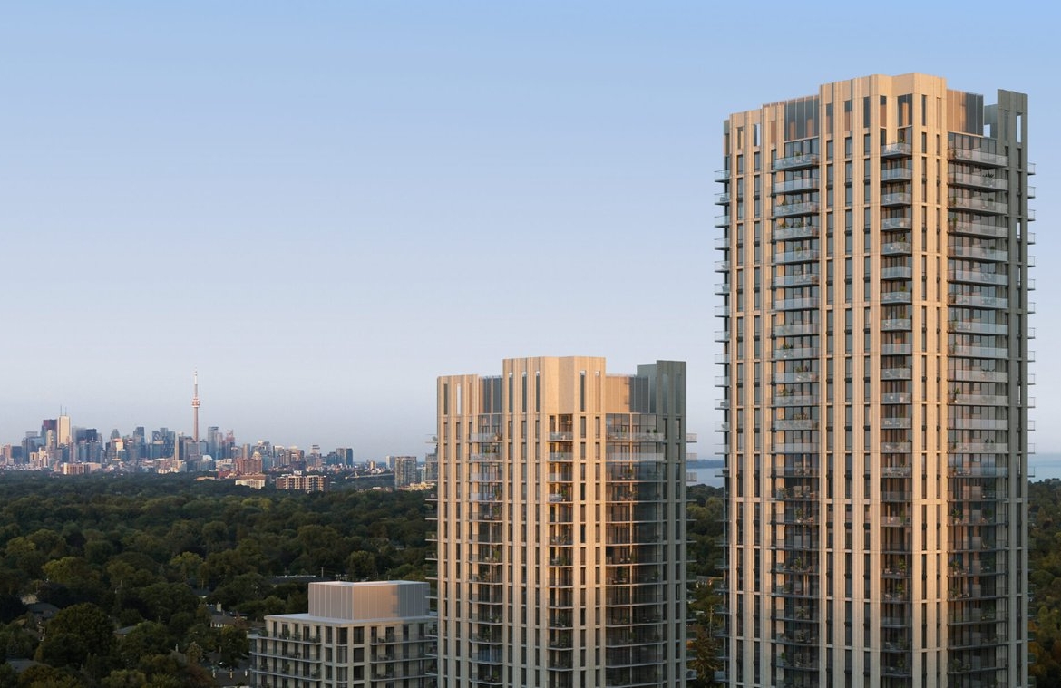 The image depicts a city skyline with modern high-rise buildings in the foreground overlooking a dense forest with New Homes in GTA under a clear blue sky.