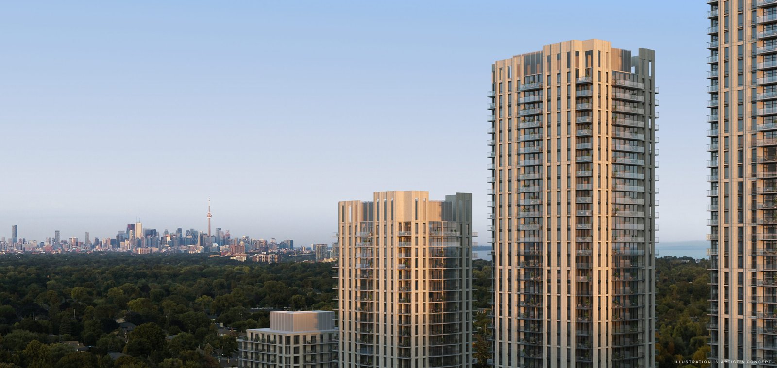 The image depicts a city skyline with modern high-rise buildings in the foreground overlooking a dense forest with New Homes in GTA under a clear blue sky. The image depicts a city skyline with modern high-rise buildings in the foreground overlooking a dense forest with New Homes in GTA under a clear blue sky.