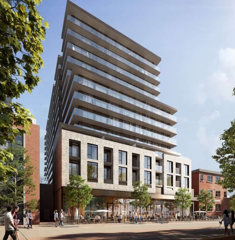 A modern multi-story building with a tiered design stands under a clear blue sky. The lower levels consist of a stone facade, while the upper levels feature glass balconies. New condos in GTA blend seamlessly into this landscape. People walk and sit in a tree-lined plaza below, some with dogs and others chatting.