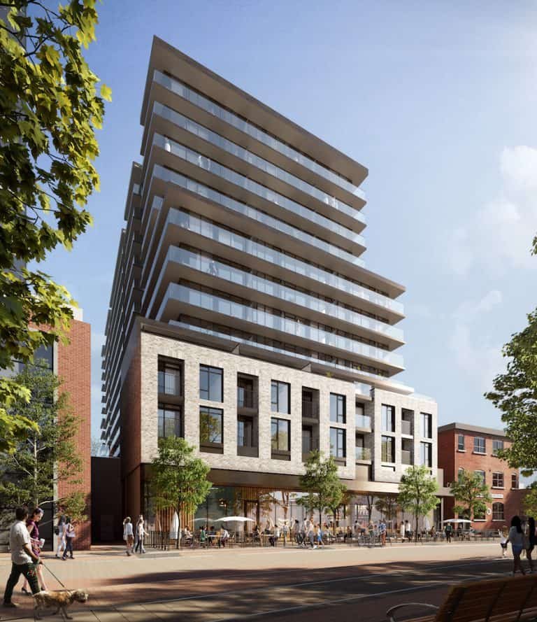 A modern multi-story building with a tiered design stands under a clear blue sky. The lower levels consist of a stone facade, while the upper levels feature glass balconies. New condos in GTA blend seamlessly into this landscape. People walk and sit in a tree-lined plaza below, some with dogs and others chatting.