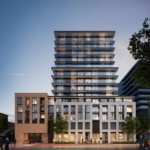 A modern mixed-use building features a sleek, reflective glass facade with multiple balconies on its upper floors. The lower floors have brick and stone exteriors. Trees line the sidewalk, and people are walking nearby at dusk, exploring the new condos in GTA available in this vibrant community.