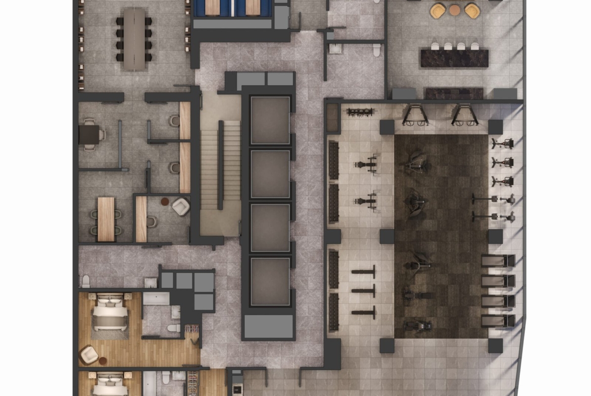 New condos feature a 3D top-down view of a modern apartment layout, illustrating detailed interior design including living areas, kitchen, bedrooms, and bathrooms in varied shades of gray and brown.
