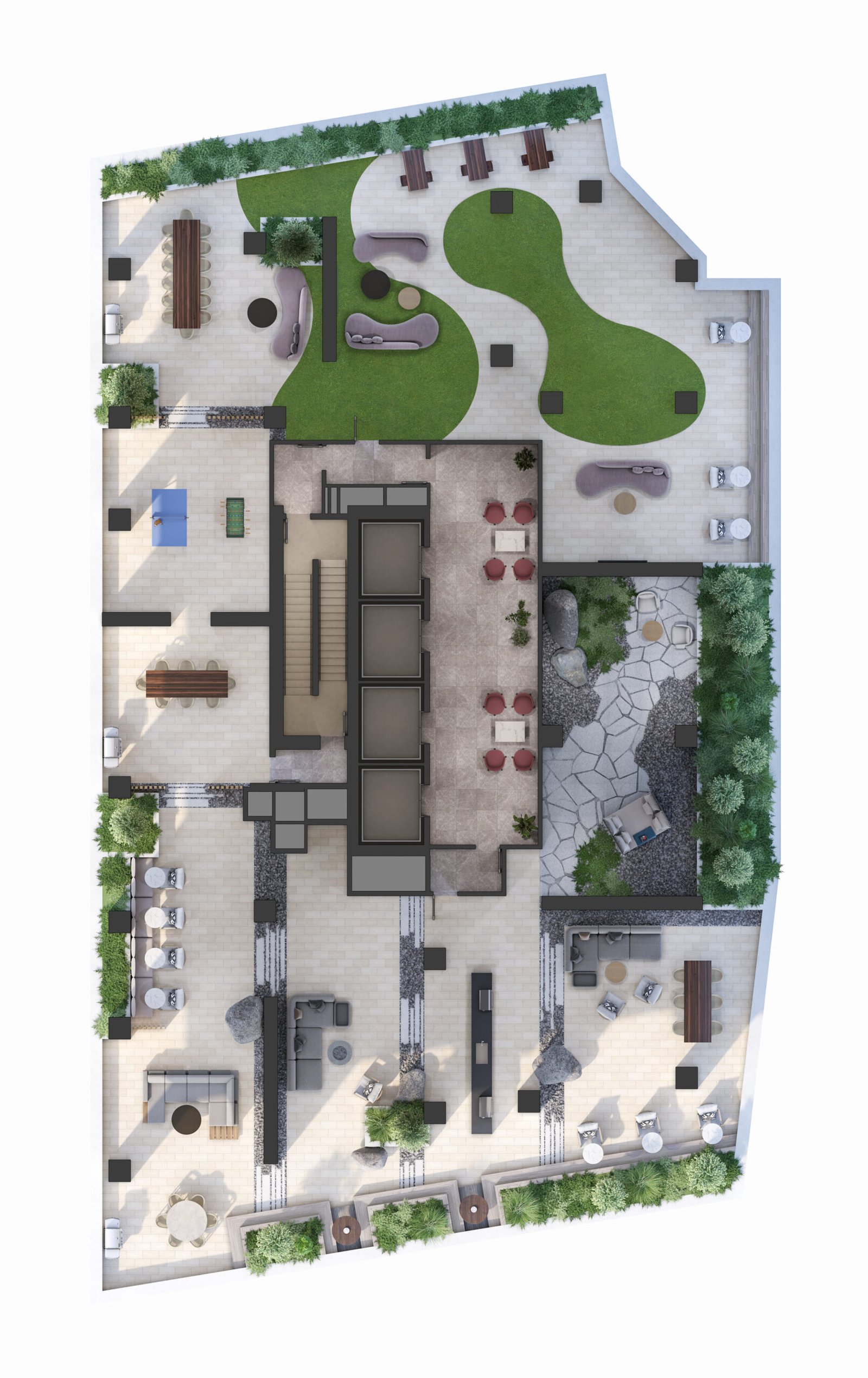 Aerial view of a detailed landscape design plan for new condos, featuring a central building surrounded by pathways, various seating areas, green spaces, and decorative plants. Aerial view of a detailed landscape design plan for new condos, featuring a central building surrounded by pathways, various seating areas, green spaces, and decorative plants.