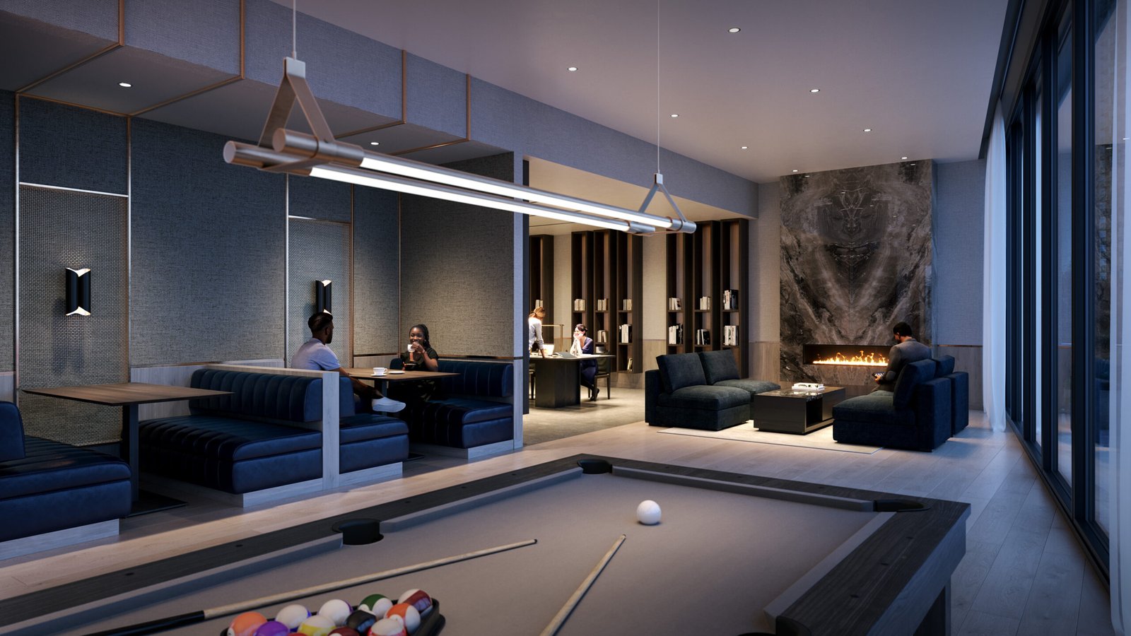 A modern lounge with groups of people socializing, featuring sleek blue sofas, a pool table with white balls, and decorative dim lighting in the backdrop of New condos. A modern lounge with groups of people socializing, featuring sleek blue sofas, a pool table with white balls, and decorative dim lighting in the backdrop of New condos.