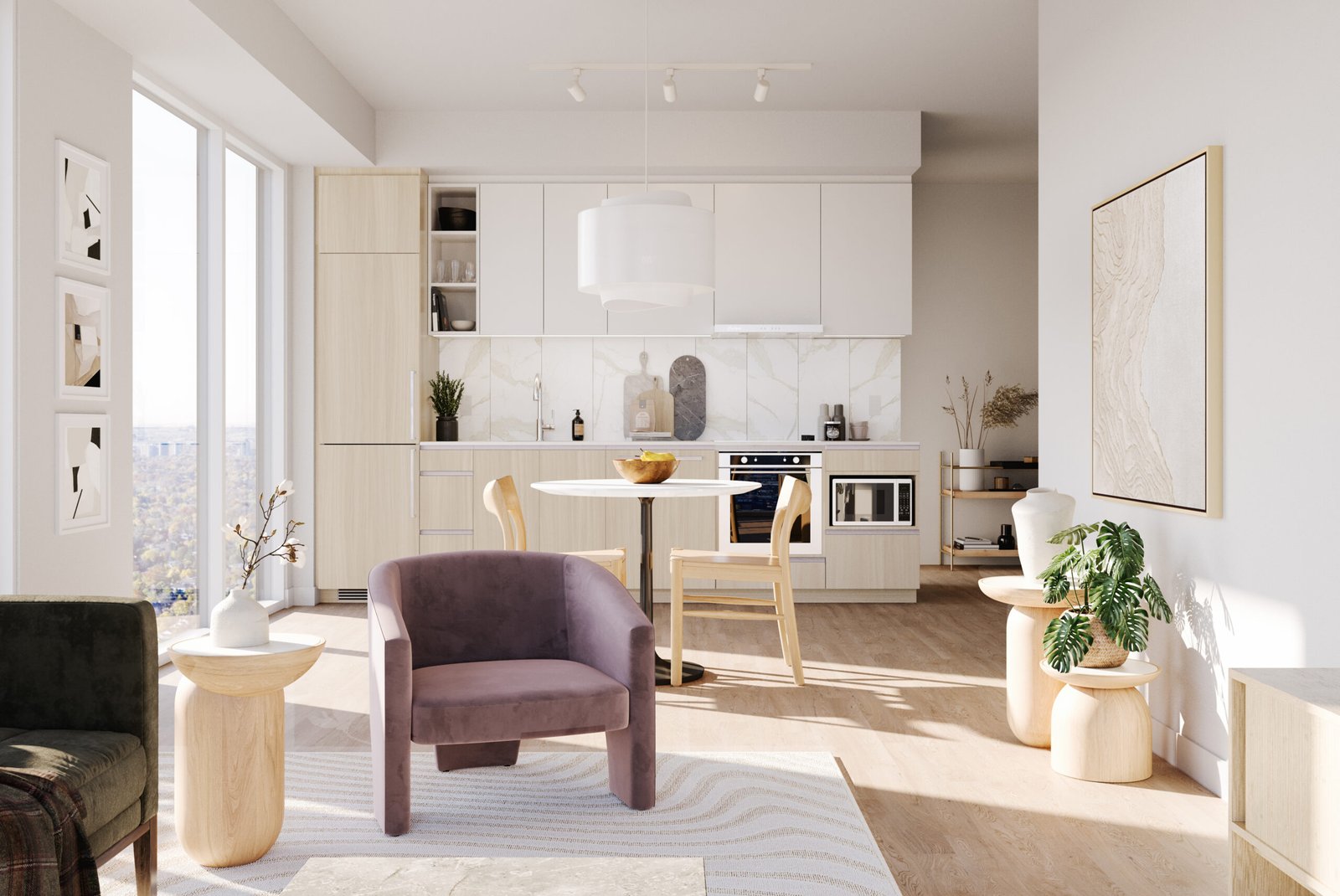 A modern kitchen in new condos with beige cabinets and a white marble backsplash. The open space features a round dining table, purple and green armchairs, and large windows with urban views. Bright A modern kitchen in new condos with beige cabinets and a white marble backsplash. The open space features a round dining table, purple and green armchairs, and large windows with urban views. Bright