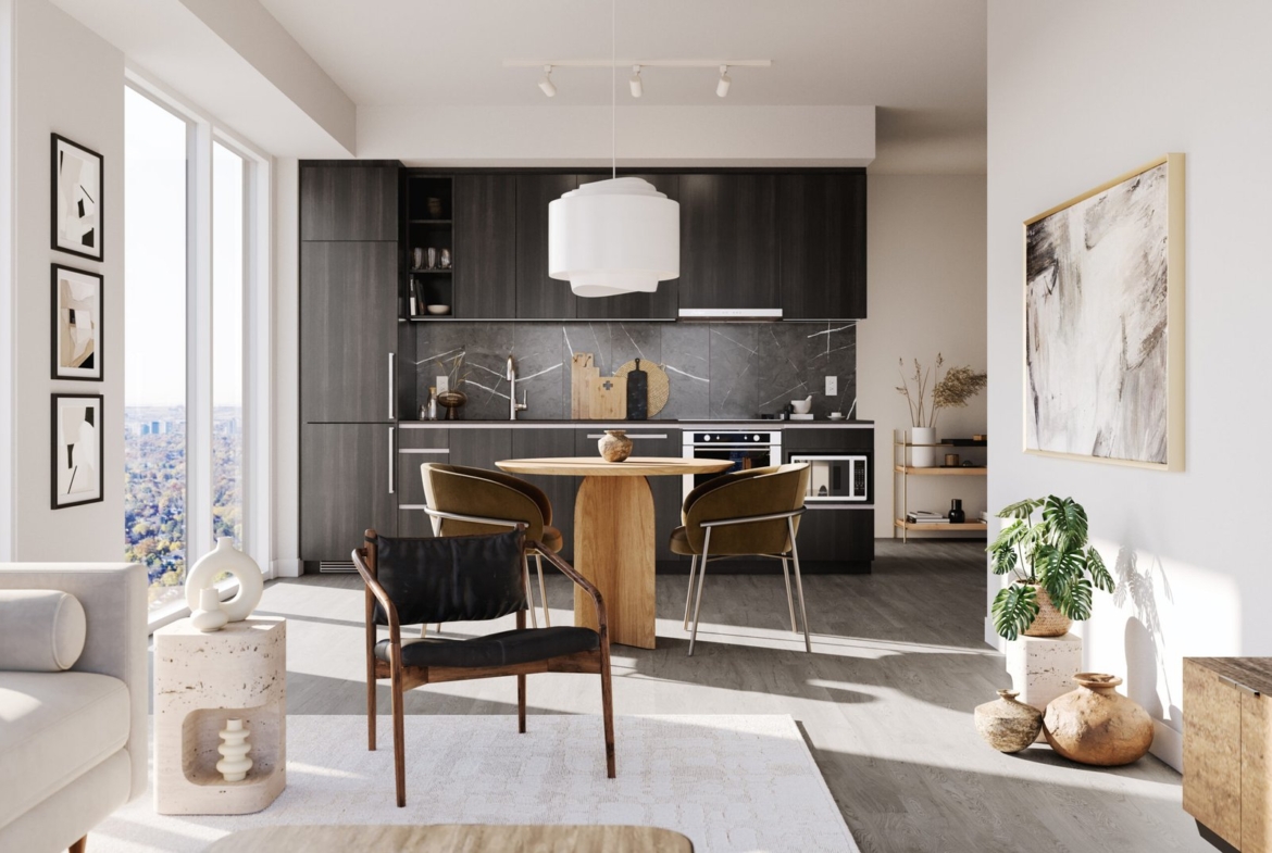 A modern kitchen with dark wood cabinets, a central island, and two leather chairs in one of the new homes in GTA. Sunlight streams in through large windows with a city view. Decor includes framed