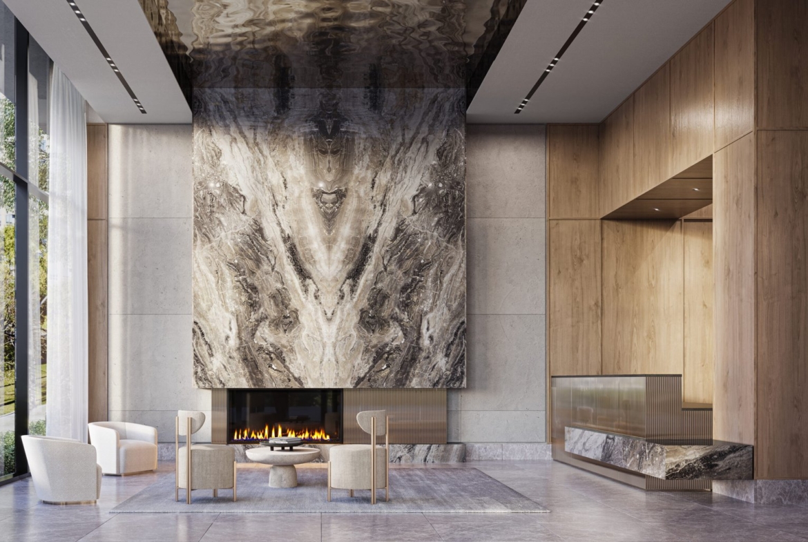A modern, luxurious lobby at Kipling Station Condos features a grand marble fireplace surrounded by light wood paneling. Four light-colored armchairs encircle a small round table. Floor-to-ceiling windows let in natural light, illuminating the spacious and elegantly designed area.