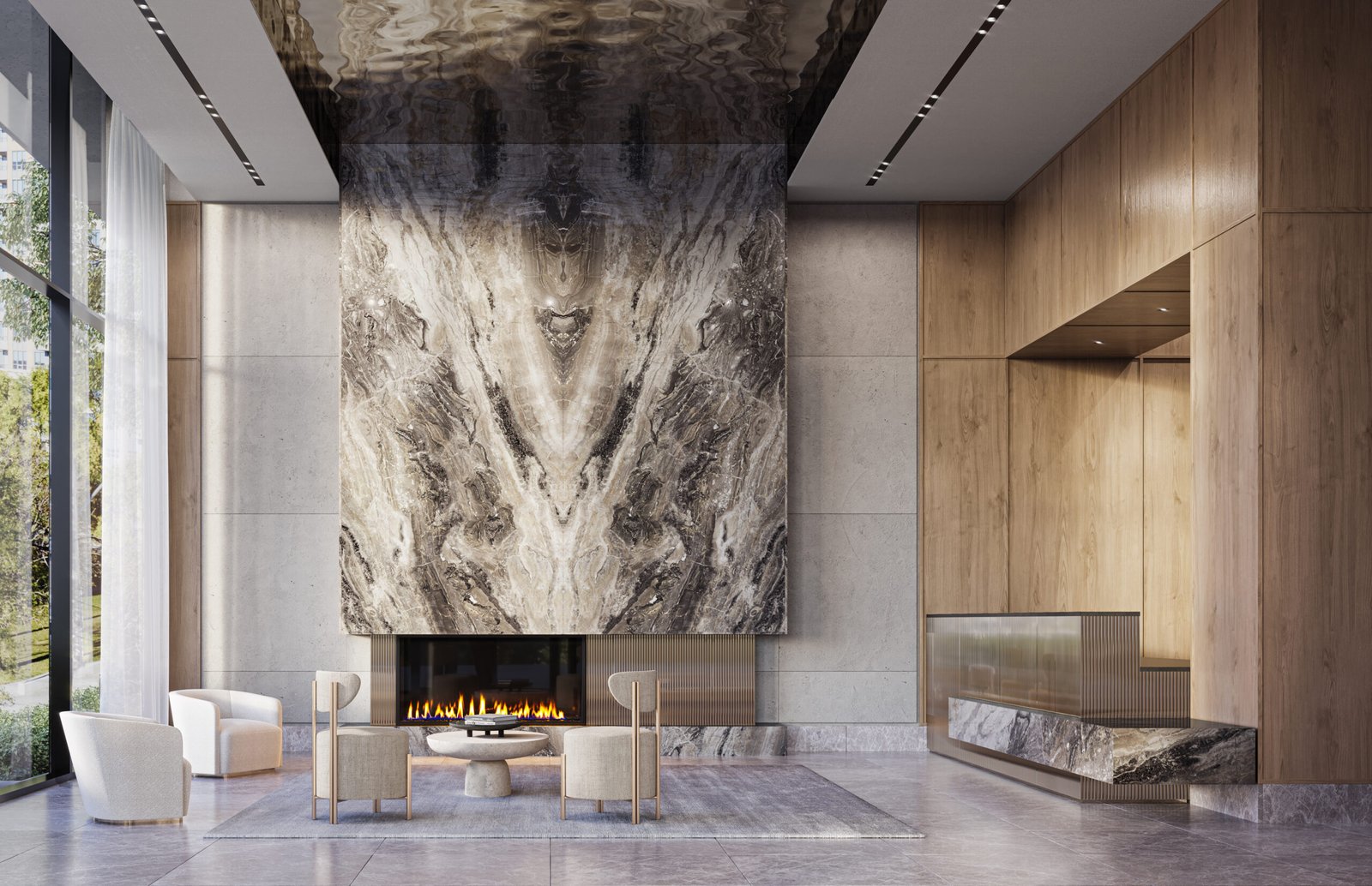 A modern, luxurious lobby at Kipling Station Condos features a grand marble fireplace surrounded by light wood paneling. Four light-colored armchairs encircle a small round table. Floor-to-ceiling windows let in natural light, illuminating the spacious and elegantly designed area. A modern, luxurious lobby at Kipling Station Condos features a grand marble fireplace surrounded by light wood paneling. Four light-colored armchairs encircle a small round table. Floor-to-ceiling windows let in natural light, illuminating the spacious and elegantly designed area.