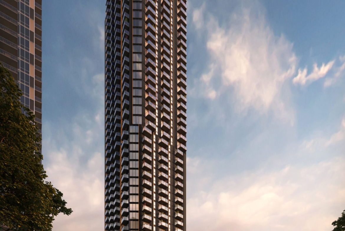 A tall modern skyscraper with multiple balconies, identified as Gagan Bector, stands against a dusk sky, surrounded by trees and a few people on a city street.