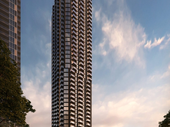 A tall modern skyscraper with multiple balconies, identified as Gagan Bector, stands against a dusk sky, surrounded by trees and a few people on a city street.