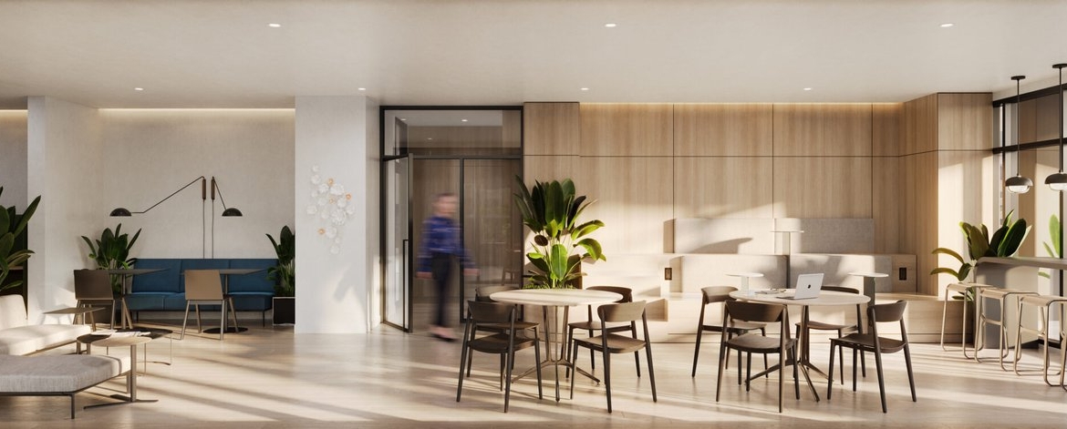 A rendering of the lobby of a new modern office building.