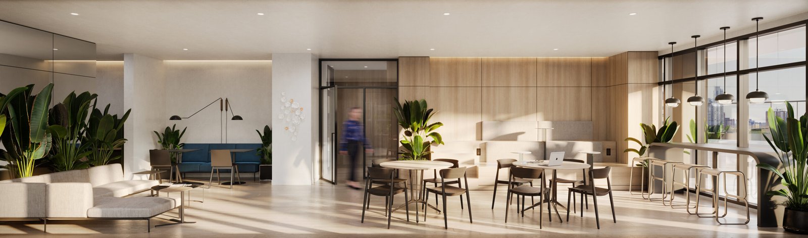 A rendering of the lobby of a new modern office building. A rendering of the lobby of a new modern office building.