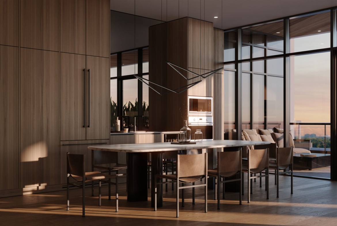 3d rendering of a modern kitchen in New homes with a view of the city.