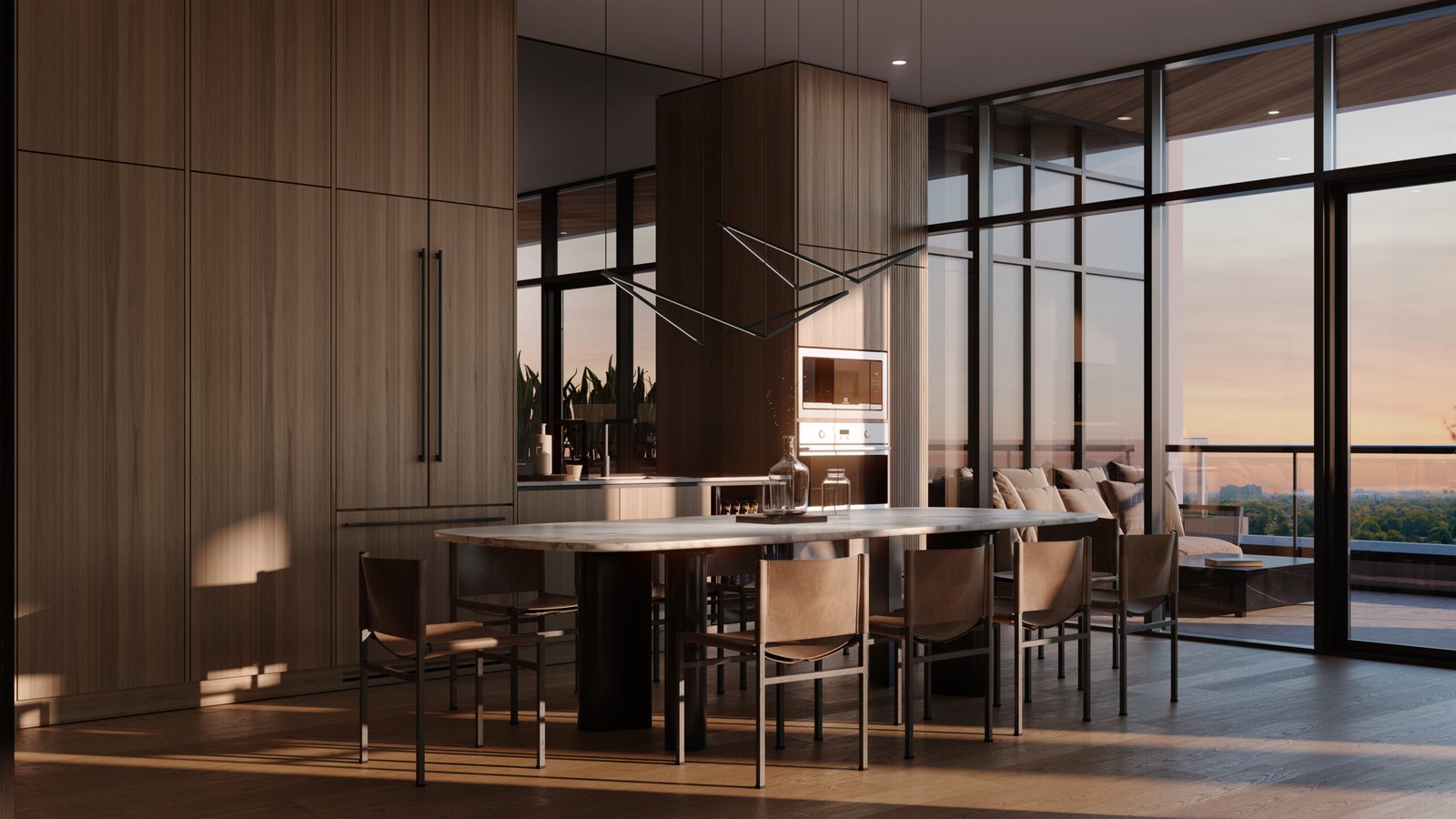 3d rendering of a modern kitchen in New homes with a view of the city. 3d rendering of a modern kitchen in New homes with a view of the city.