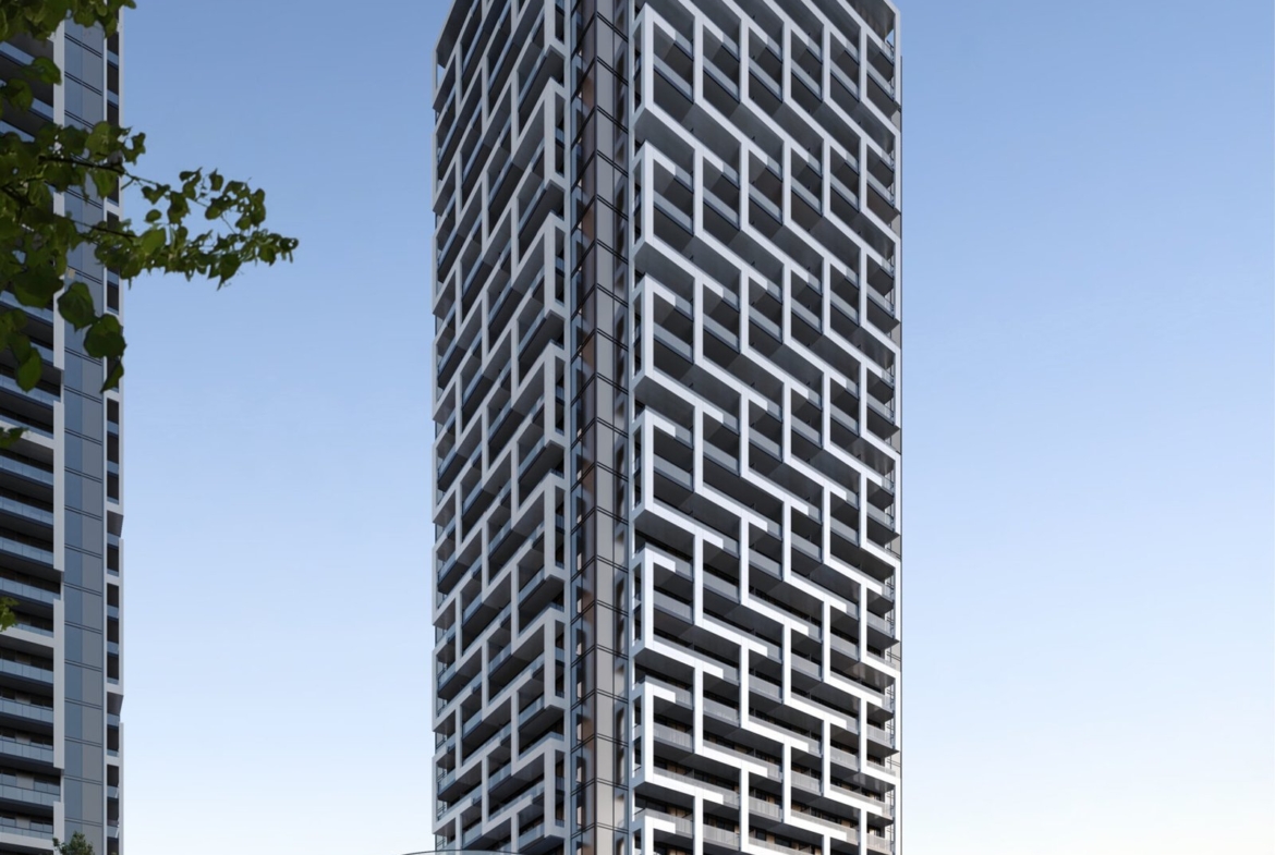 An artist's rendering of new condos in Gta, a high-rise apartment building.
