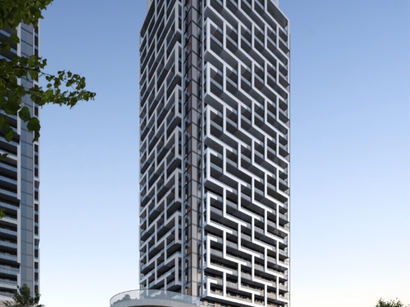 An artist's rendering of new condos in Gta, a high-rise apartment building.