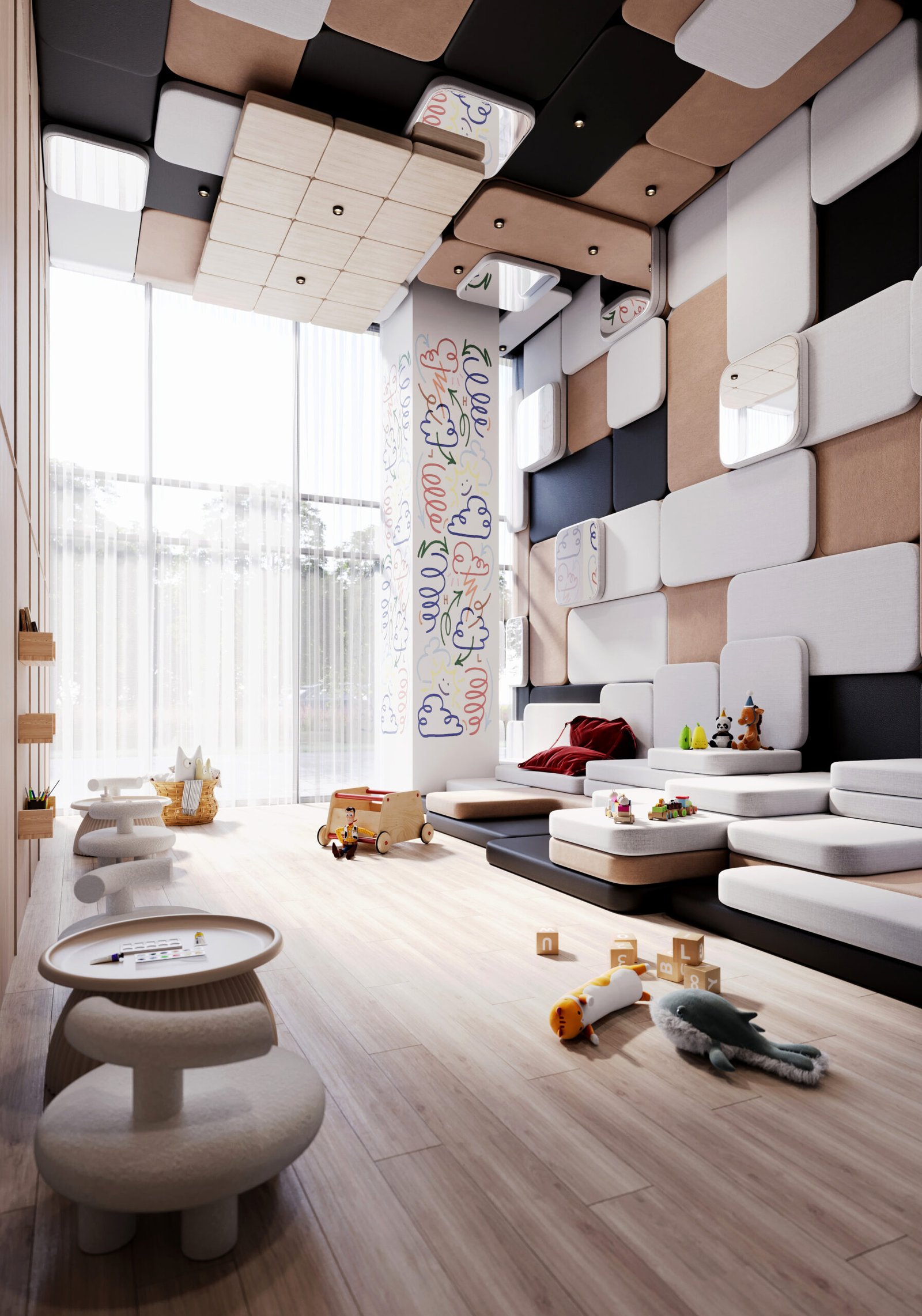 A modern LSQ 2 playroom with a high ceiling, featuring padded wall panels in various shades of beige, black, and white. The room has a large window with sheer curtains, a cushioned seating area, small tables, toys scattered on the floor, and wall doodles. A modern LSQ 2 playroom with a high ceiling, featuring padded wall panels in various shades of beige, black, and white. The room has a large window with sheer curtains, a cushioned seating area, small tables, toys scattered on the floor, and wall doodles.