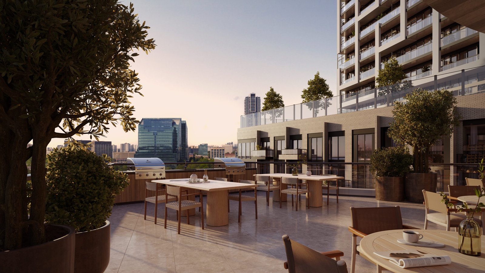 An outdoor rooftop dining area of a modern building, featuring several tables set for dining, potted plants, and overlooking a cityscape during sunset. Browse our Gagan Bector for similar views in An outdoor rooftop dining area of a modern building, featuring several tables set for dining, potted plants, and overlooking a cityscape during sunset. Browse our Gagan Bector for similar views in