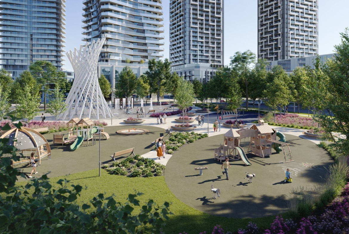 A bustling urban park with children playing on modern playground equipment among vibrant green spaces, surrounded by tall residential buildings under a clear blue sky, close to New homes in Gta.
