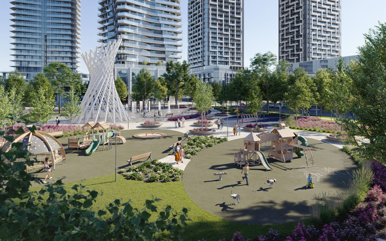 A bustling urban park with children playing on modern playground equipment among vibrant green spaces, surrounded by tall residential buildings under a clear blue sky, close to New homes in Gta. A bustling urban park with children playing on modern playground equipment among vibrant green spaces, surrounded by tall residential buildings under a clear blue sky, close to New homes in Gta.