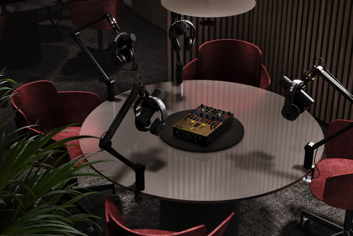 A modern podcast studio featuring a round table with microphones and headphones set up on boom arms, surrounded by luxurious red chairs, and ambient lighting. Also ideal for New homes in Gta promotions or discussions