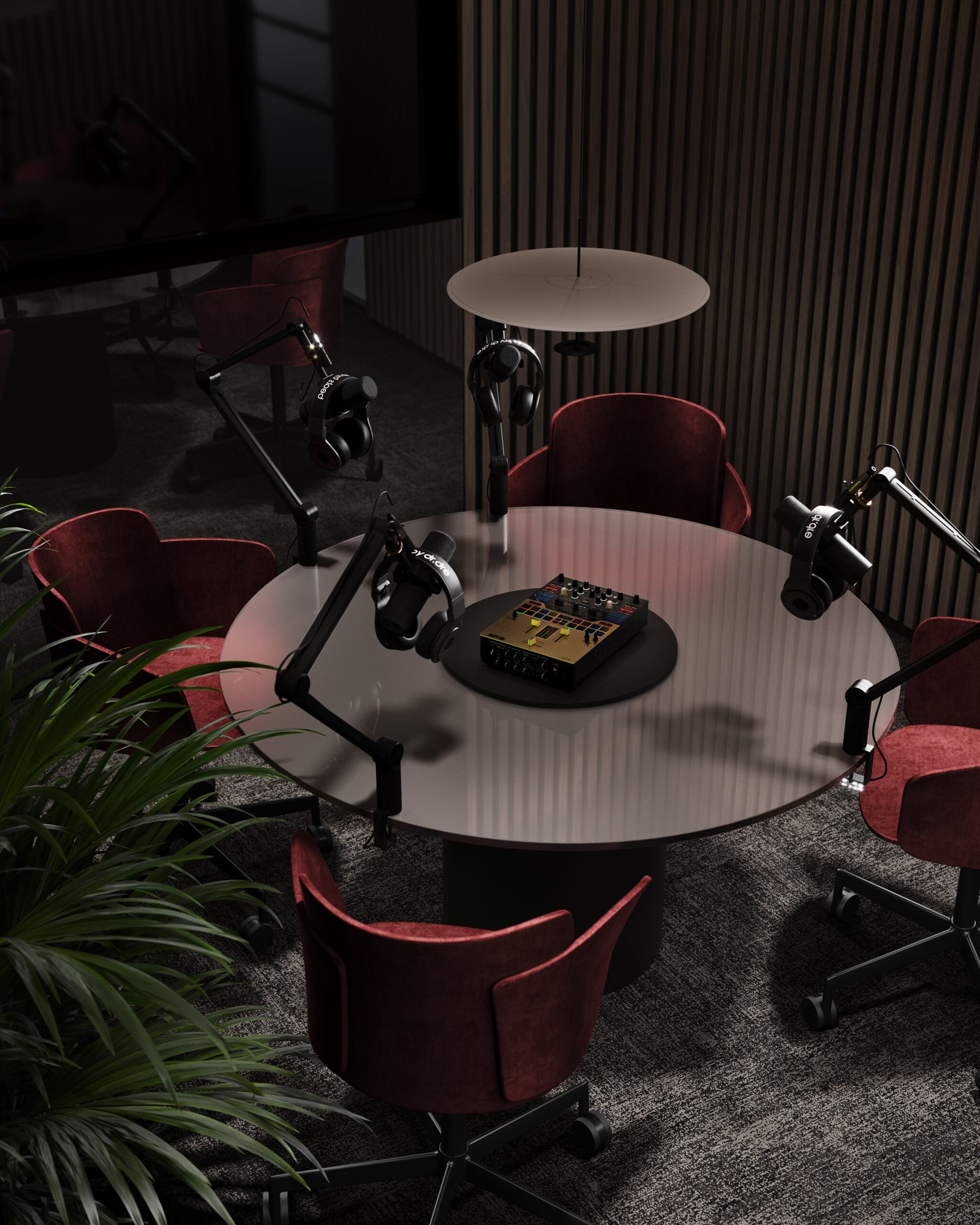 A modern podcast studio featuring a round table with microphones and headphones set up on boom arms, surrounded by luxurious red chairs, and ambient lighting. Also ideal for New homes in Gta promotions or discussions A modern podcast studio featuring a round table with microphones and headphones set up on boom arms, surrounded by luxurious red chairs, and ambient lighting. Also ideal for New homes in Gta promotions or discussions
