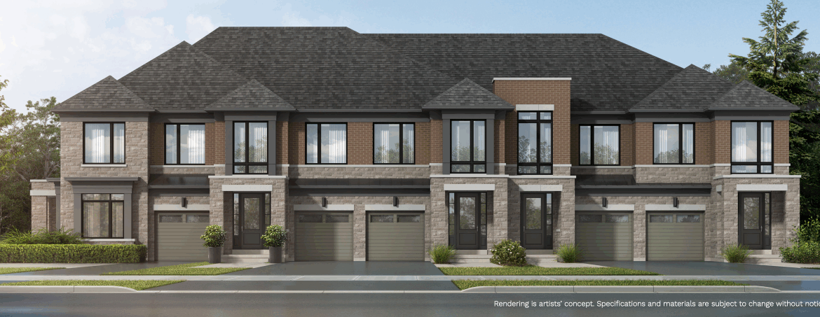 Digital rendering of a new townhouse complex with brick and stone facades. Each unit has large windows and double garage doors. Greenery surrounds the perimeter under a clear blue sky, offering a glimpse of pre-construction homes in the making.