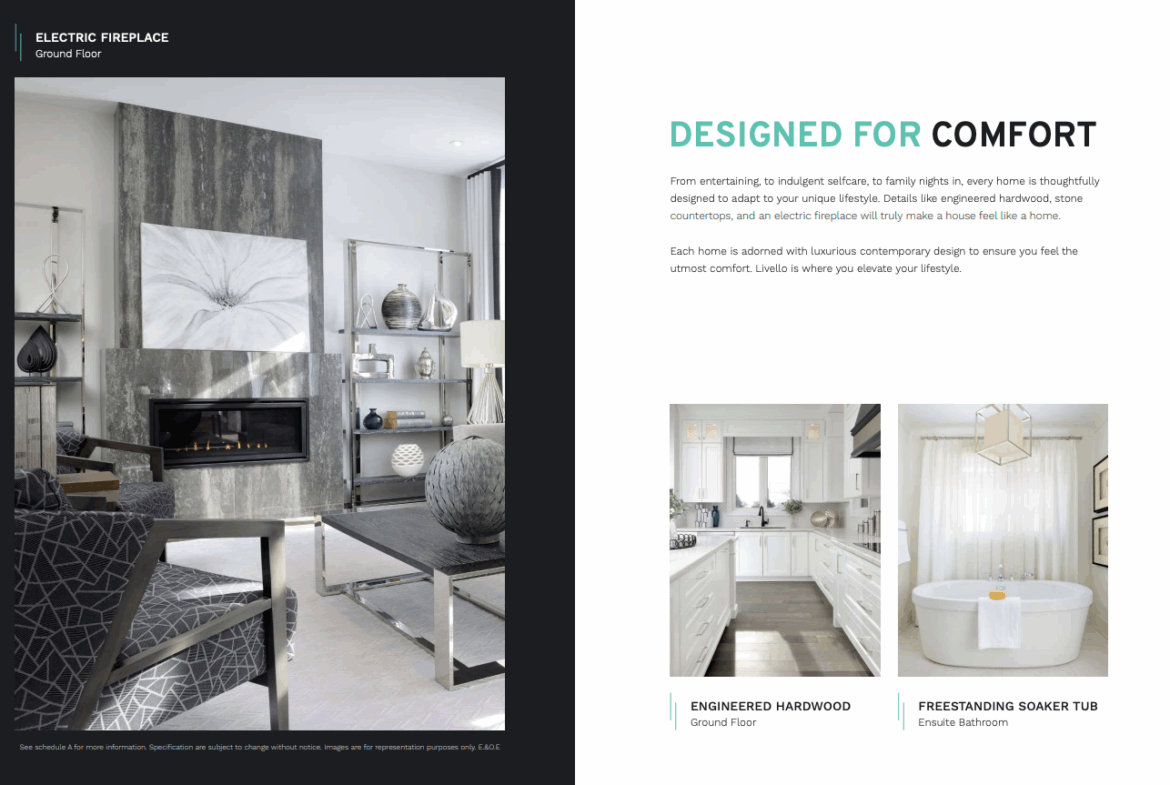 A modern living room with an electric fireplace and abstract artwork. The adjacent page highlights features like engineered hardwood and a freestanding soaker tub, emphasizing comfort and contemporary design—ideal for those exploring new condos in Brampton.