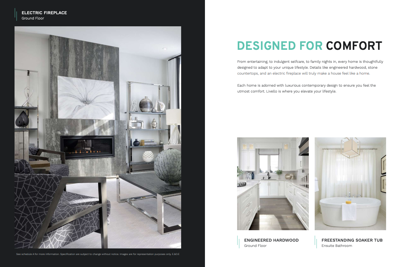 A modern living room with an electric fireplace and abstract artwork. The adjacent page highlights features like engineered hardwood and a freestanding soaker tub, emphasizing comfort and contemporary design—ideal for those exploring new condos in Brampton. A modern living room with an electric fireplace and abstract artwork. The adjacent page highlights features like engineered hardwood and a freestanding soaker tub, emphasizing comfort and contemporary design—ideal for those exploring new condos in Brampton.