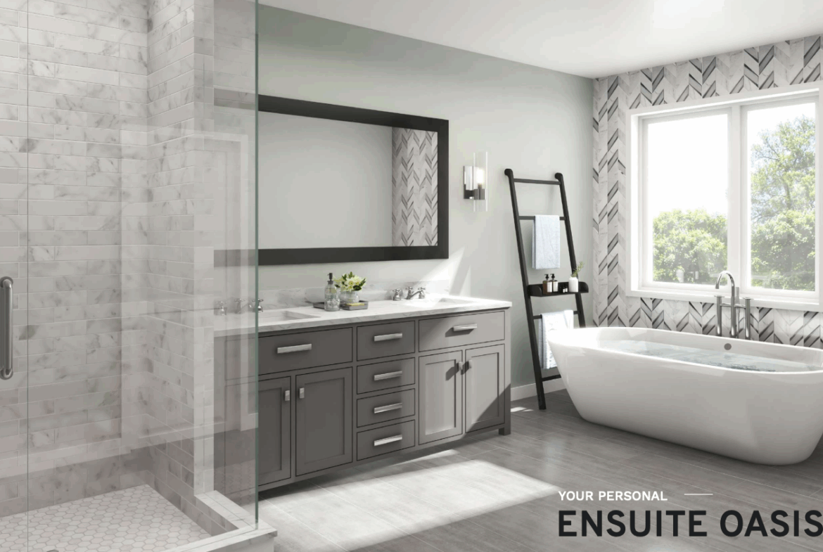 Step into your personal ensuite oasis in one of the stunning new homes, featuring a modern bathroom with a freestanding bathtub by a large window, a double-sink vanity with a spacious mirror, and a glass-enclosed shower. Light gray and white tones enhance the serene, spa-like ambiance.