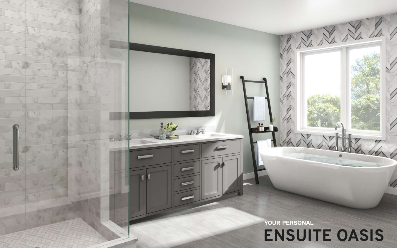 Step into your personal ensuite oasis in one of the stunning new homes, featuring a modern bathroom with a freestanding bathtub by a large window, a double-sink vanity with a spacious mirror, and a glass-enclosed shower. Light gray and white tones enhance the serene, spa-like ambiance. Step into your personal ensuite oasis in one of the stunning new homes, featuring a modern bathroom with a freestanding bathtub by a large window, a double-sink vanity with a spacious mirror, and a glass-enclosed shower. Light gray and white tones enhance the serene, spa-like ambiance.