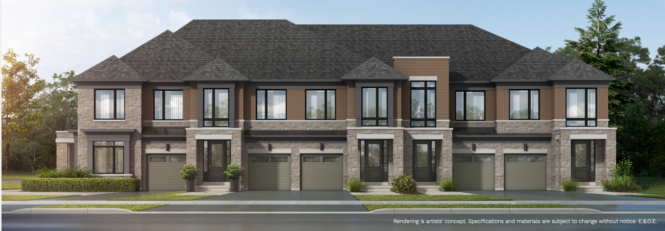 Digital rendering of a new townhouse complex with brick and stone facades. Each unit has large windows and double garage doors. Greenery surrounds the perimeter under a clear blue sky, offering a glimpse of pre-construction homes in the making. Digital rendering of a new townhouse complex with brick and stone facades. Each unit has large windows and double garage doors. Greenery surrounds the perimeter under a clear blue sky, offering a glimpse of pre-construction homes in the making.