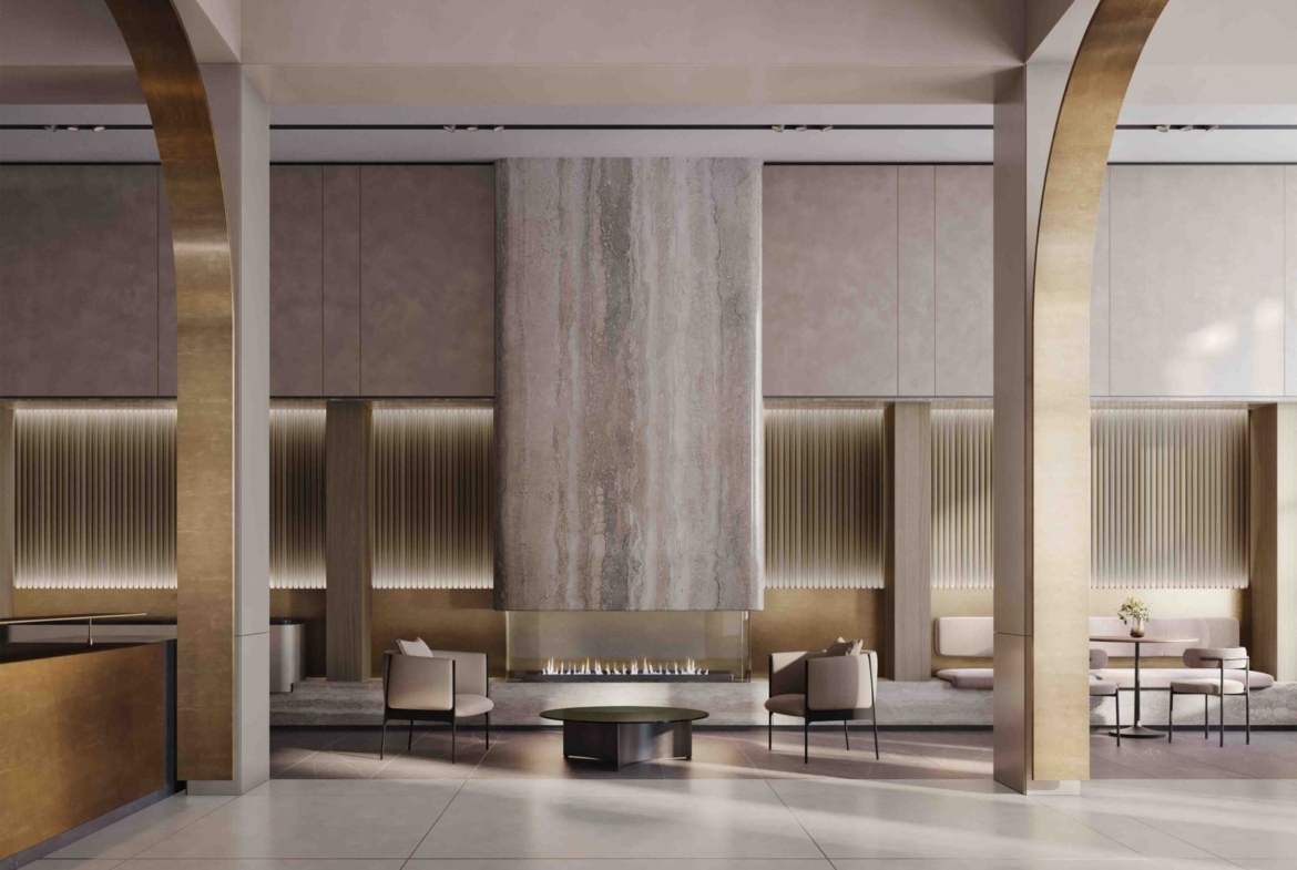 Modern hotel lobby with high ceilings, arched doorways, and elegant drapery; features a central fireplace, stylish seating areas, and a monolithic textured art piece. Ideal for new condos and
