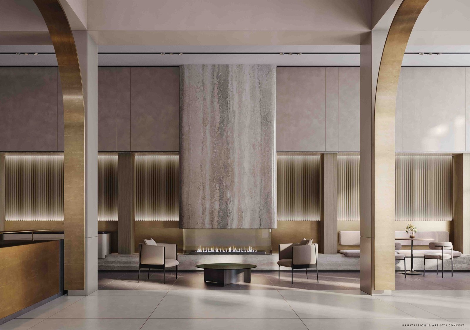 Modern hotel lobby with high ceilings, arched doorways, and elegant drapery; features a central fireplace, stylish seating areas, and a monolithic textured art piece. Ideal for new condos and Modern hotel lobby with high ceilings, arched doorways, and elegant drapery; features a central fireplace, stylish seating areas, and a monolithic textured art piece. Ideal for new condos and