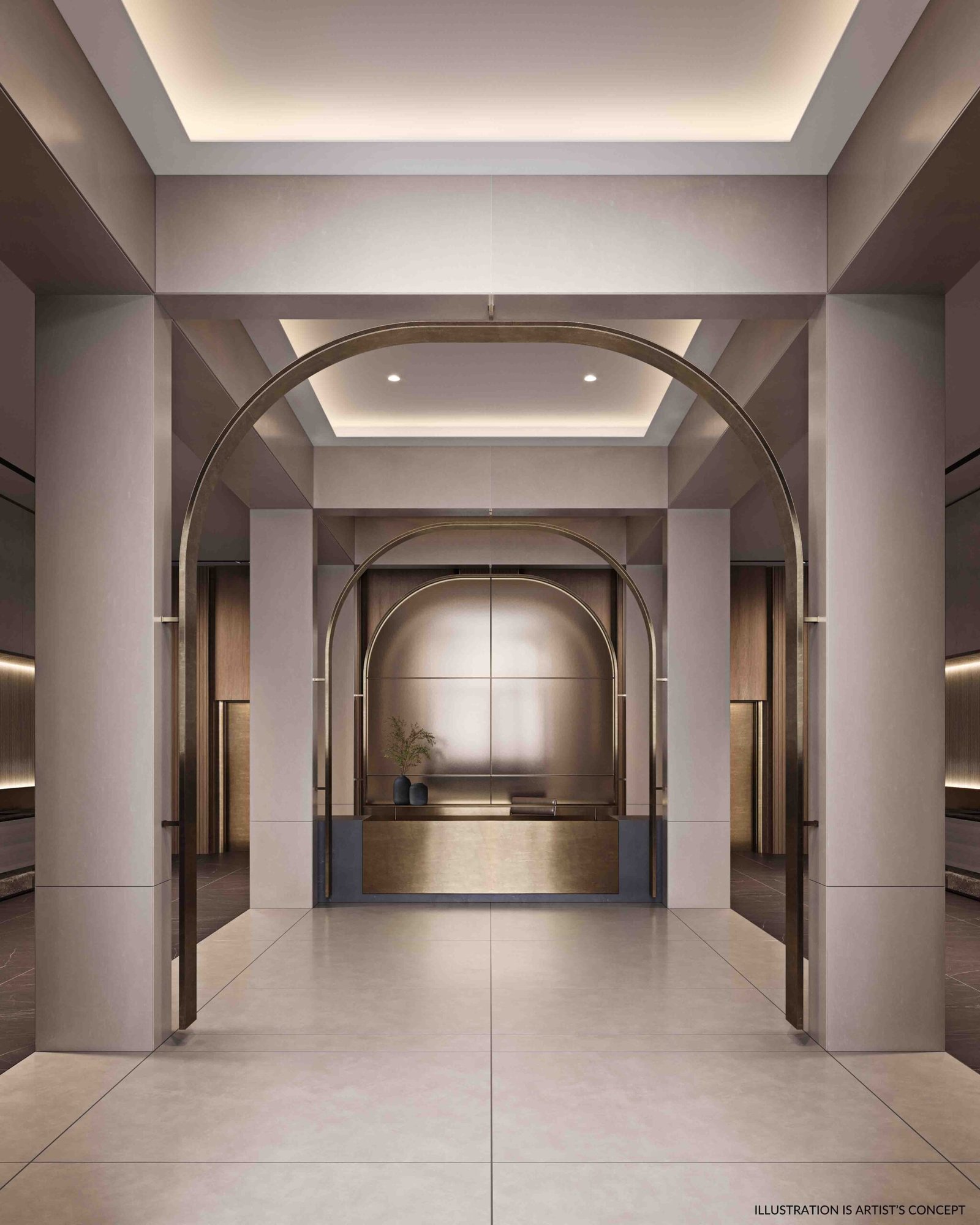 An artist’s concept of pre-construction homes featuring a modern lobby with elegant archways, warm lighting, and a minimalist reception desk centered against a backdrop of potted plants and a decorative wall panel. An artist's concept of pre-construction homes featuring a modern lobby with elegant archways, warm lighting, and a minimalist reception desk centered against a backdrop of potted plants and a decorative wall panel.