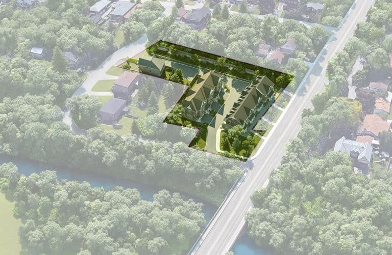 An aerial view of Mill Street Towns reveals a residential area with a digital overlay of architectural designs for new housing units. The designs are superimposed on the green, tree-filled neighborhood, showing a proposed construction plan integrated with existing homes and roads.