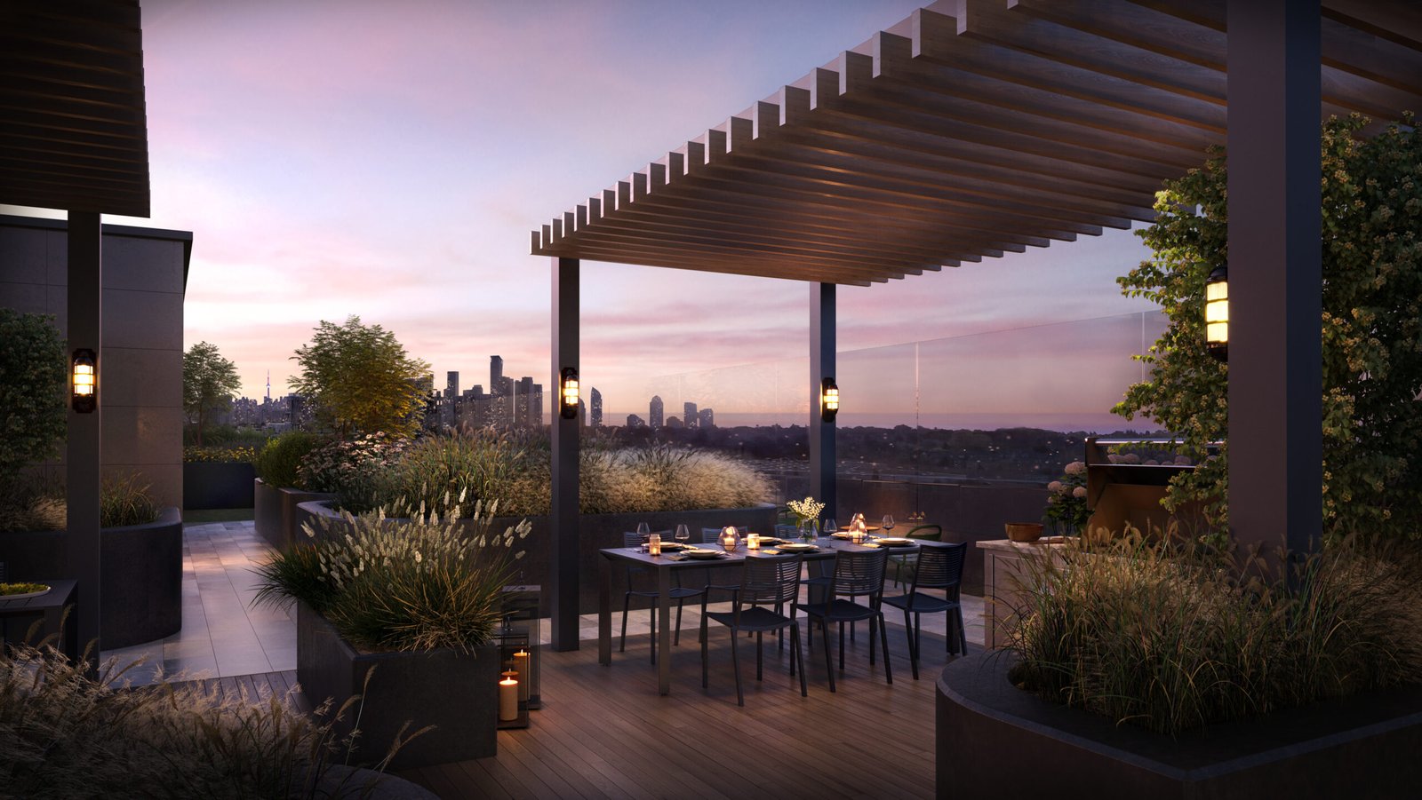 A rooftop terrace at twilight featuring an elegant dining area set for a meal, surrounded by lush planters and city skyline views under a wooden pergola, offered by Gagan Bector. A rooftop terrace at twilight featuring an elegant dining area set for a meal, surrounded by lush planters and city skyline views under a wooden pergola, offered by Gagan Bector.