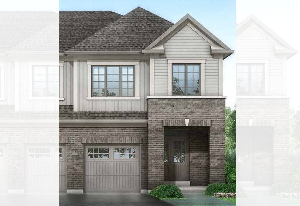 A two-story suburban house with a dark brick and gray siding exterior, featuring a double garage and a large front door with a transom window above.