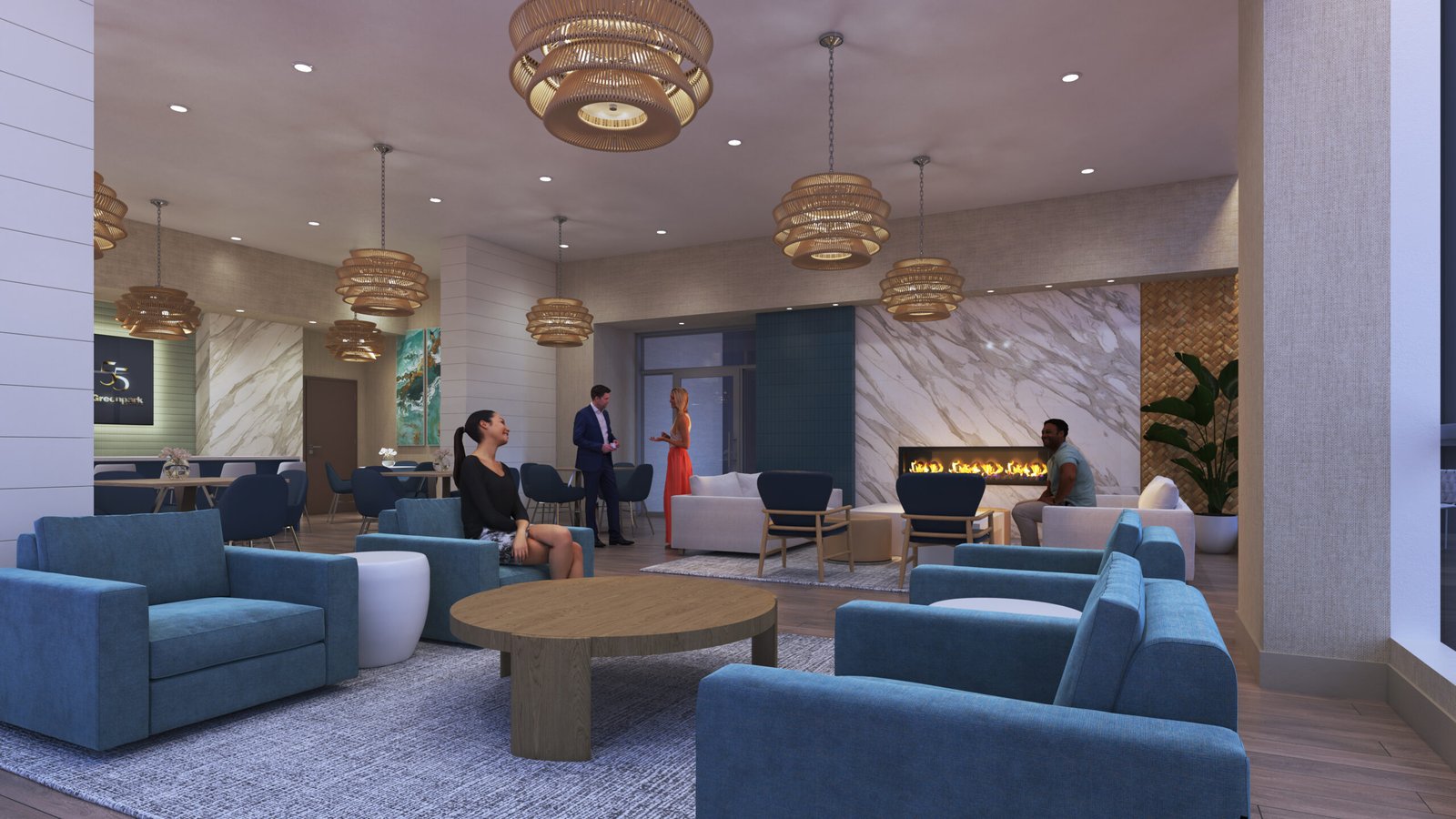 A modern lounge area with people socializing in new homes. The room has contemporary decor, featuring blue armchairs, round wooden tables, and pendant lights. A fireplace with a glowing orange flame is set into a marble wall. Art pieces adorn the walls, complementing the stylish setting.