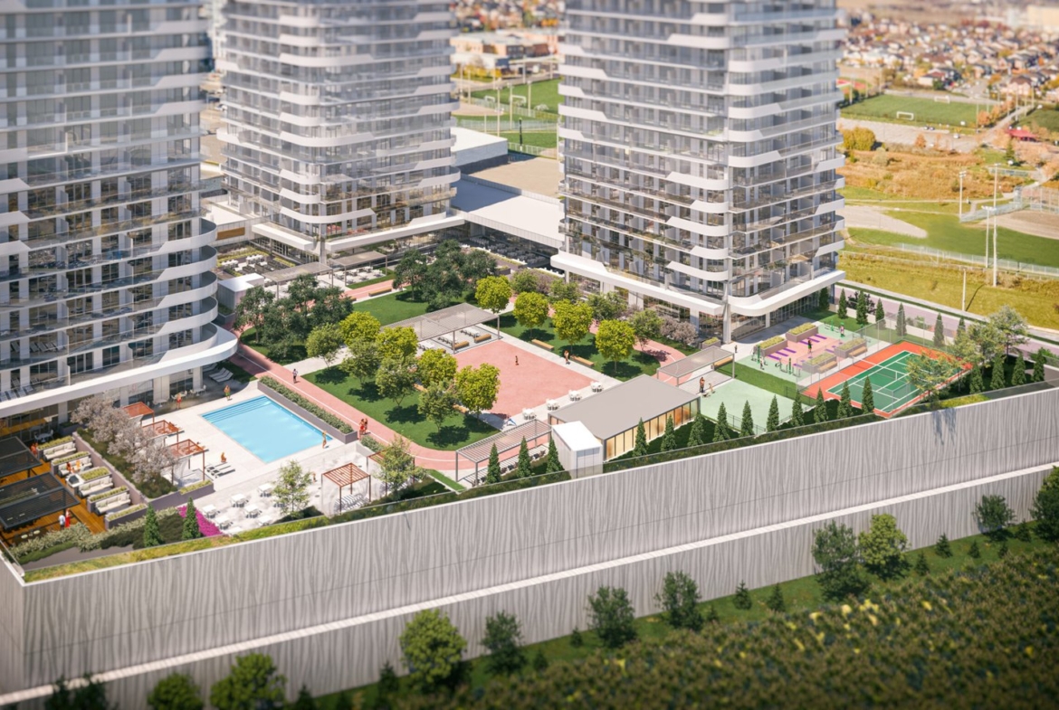 Aerial view of a modern residential complex with tall buildings surrounding a recreational area. The courtyard features a swimming pool, basketball court, tennis court, lush greenery, and various seating areas. Nearby new condos in GTA offer open fields and additional buildings.