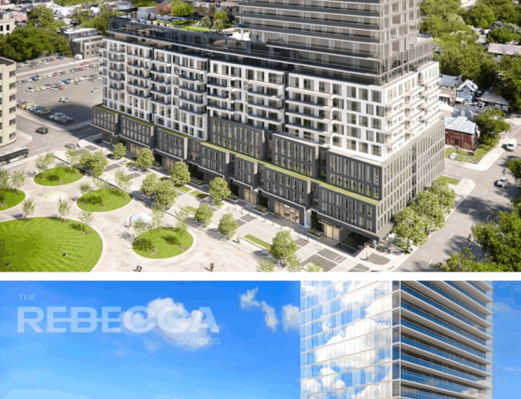 Two promotional images for "the rebecca", a modern high-rise building featuring new condos. The top image shows the building in a daytime cityscape, while the bottom focuses on the rooftop gardens with a