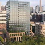 A view of a modern cityscape featuring various high-rise buildings. The central focus is on a tall glass building with balconies, surrounded by shorter office and residential structures. The streets below are lined with trees, adding greenery to the urban environment—an appealing sight for those seeking new condos in GTA.