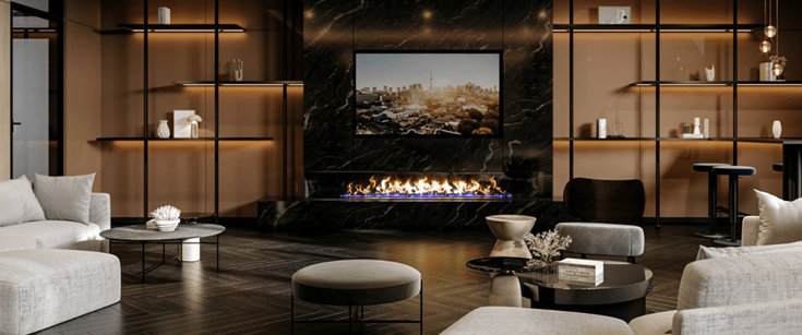 A modern living room in one of the new condos in GTA features beige sofas and round coffee tables, a sleek black marble wall showcasing a large flat-screen TV above a linear fireplace, flanked by open black shelving with minimalistic decor and ambient lighting.