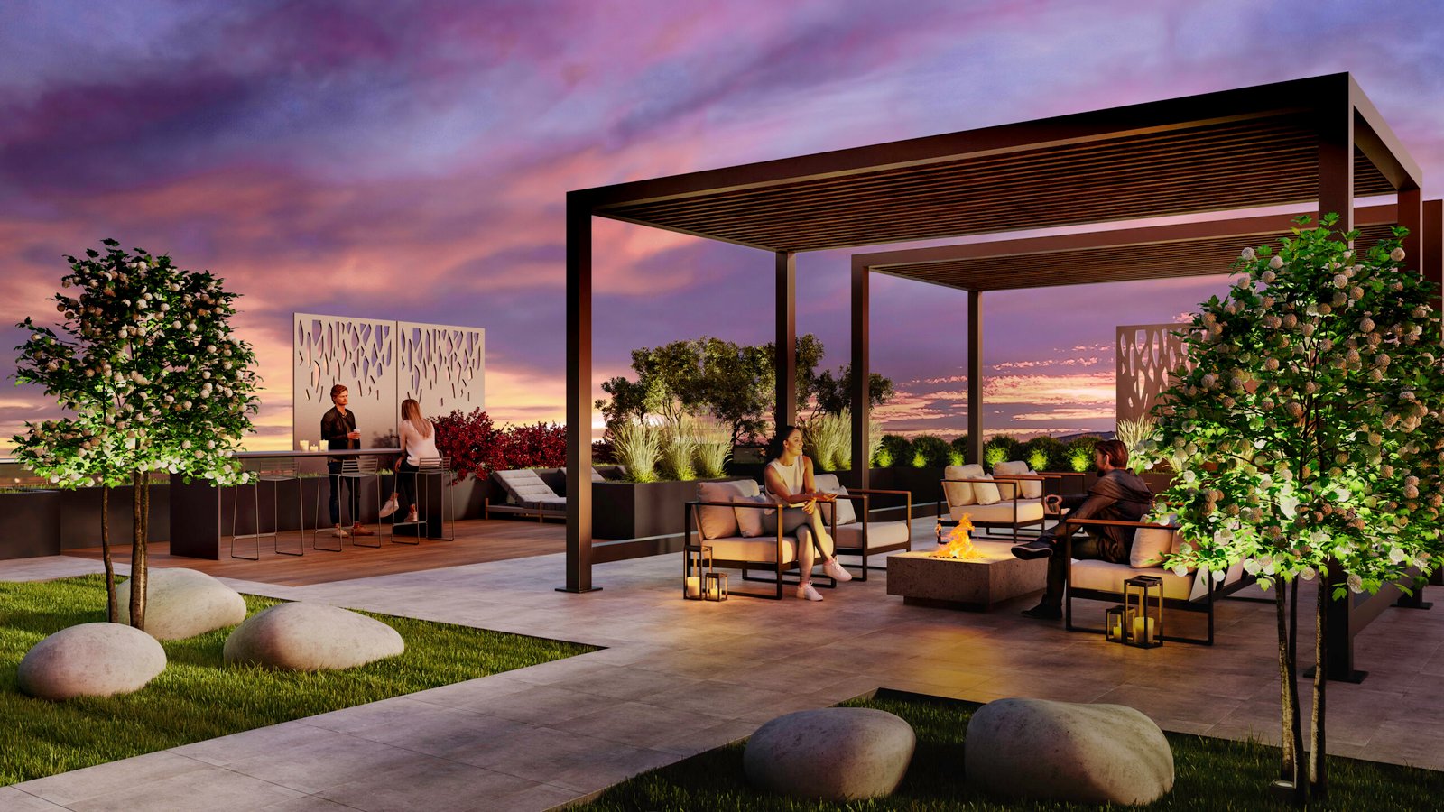 A stylish rooftop lounge at sunset features modern pergolas, comfortable seating, a fire pit, and lush greenery. People are socializing at a bar counter and sitting on armchairs, enjoying the elegantly landscaped space with ornamental rocks and illuminated panels—perfect for those considering new condos in GTA. A stylish rooftop lounge at sunset features modern pergolas, comfortable seating, a fire pit, and lush greenery. People are socializing at a bar counter and sitting on armchairs, enjoying the elegantly landscaped space with ornamental rocks and illuminated panels—perfect for those considering new condos in GTA.