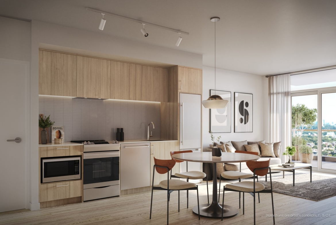 Modern open-plan kitchen and living room with sleek wooden cabinets, white countertops, and a cozy living space with a gray sofa and large window highlight features typical of new condos in GTA.