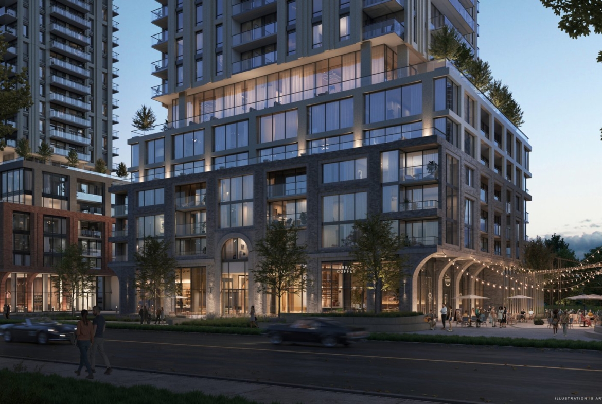 Modern urban streetscape at dusk featuring a contemporary high-rise building, Gagan Bector, with an illuminated archway entrance and outdoor seating area, bustling with activity as cars pass by.